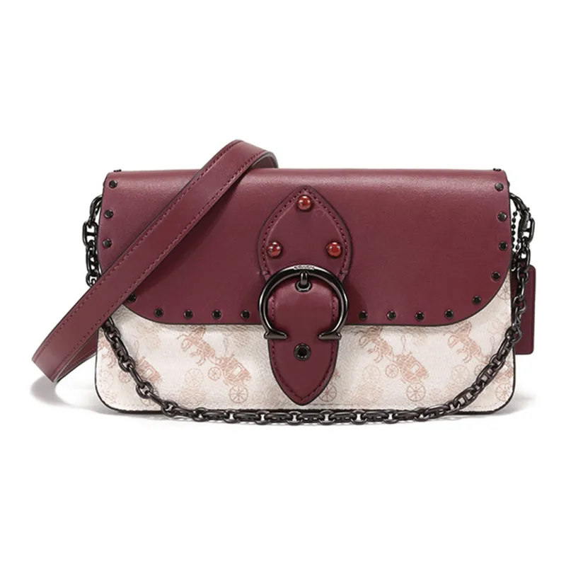 COACH Leather Chain Bag Shoulder Bag Small Size Women's Burgundy Chalk White-0