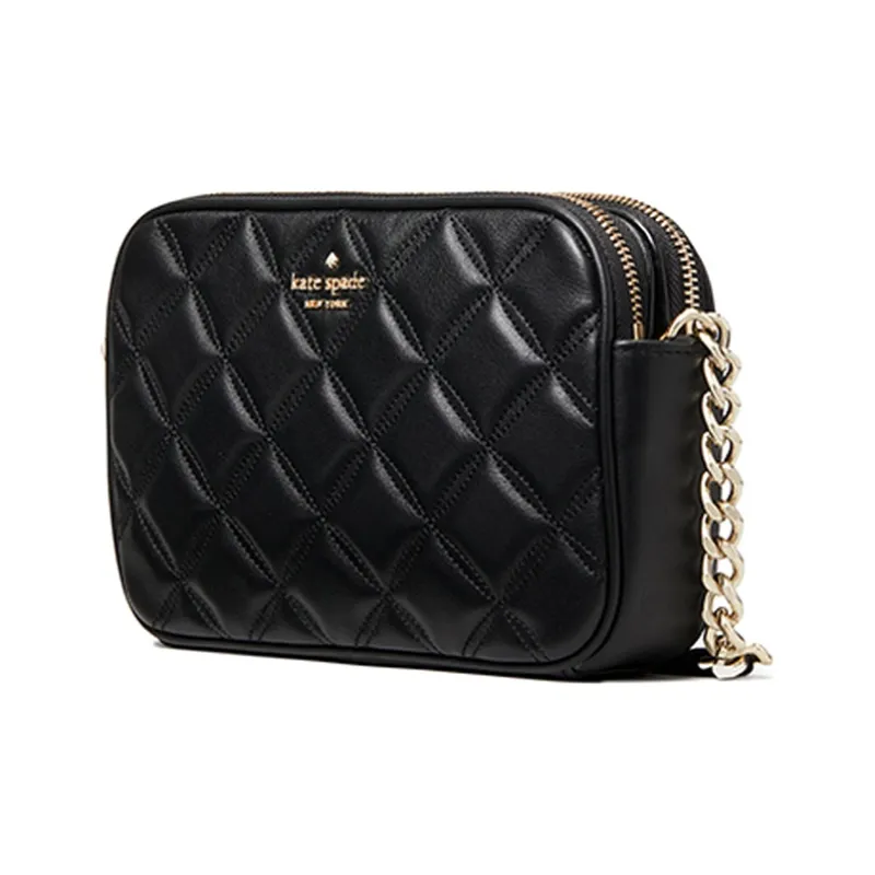 Kate Spade Natalia Quilting Cow Leather Shoulder Bag Chain Camera Bag Crossbody Bag Small Size Women's Black-1
