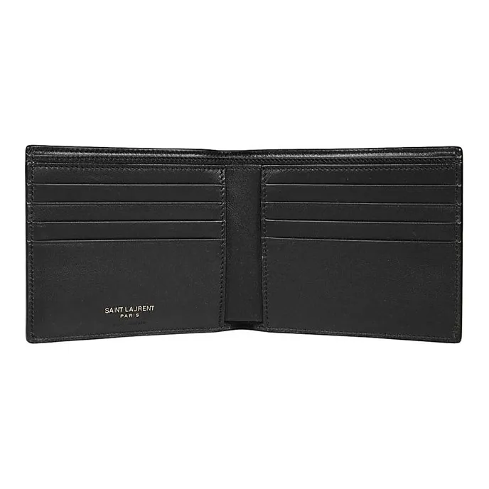 SAINT LAURENT Crocodile Pattern Leather Double Fold Wallet Men's Black-2