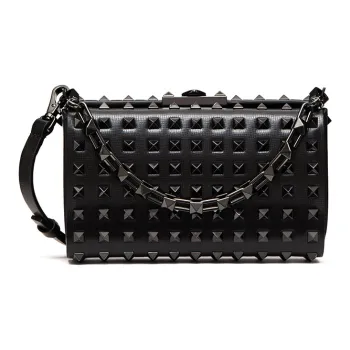 Valentino ROCKSTUD ALCOVE Grained Calfskin Clutch Shoulder Bag Crossbody Bag Handbag Small Size Women's Black