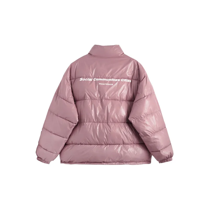 F426 Letter Solid Color Shiny Stand Collar Loose Fit Puffer Jacket Unisex-6