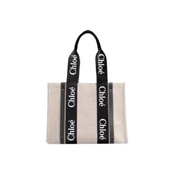 Chloe Woody Canvas Canvas Bag Tote Bag Shopping Bag Shoulder Bag Handbag Medium Size Women's Beige/Black
