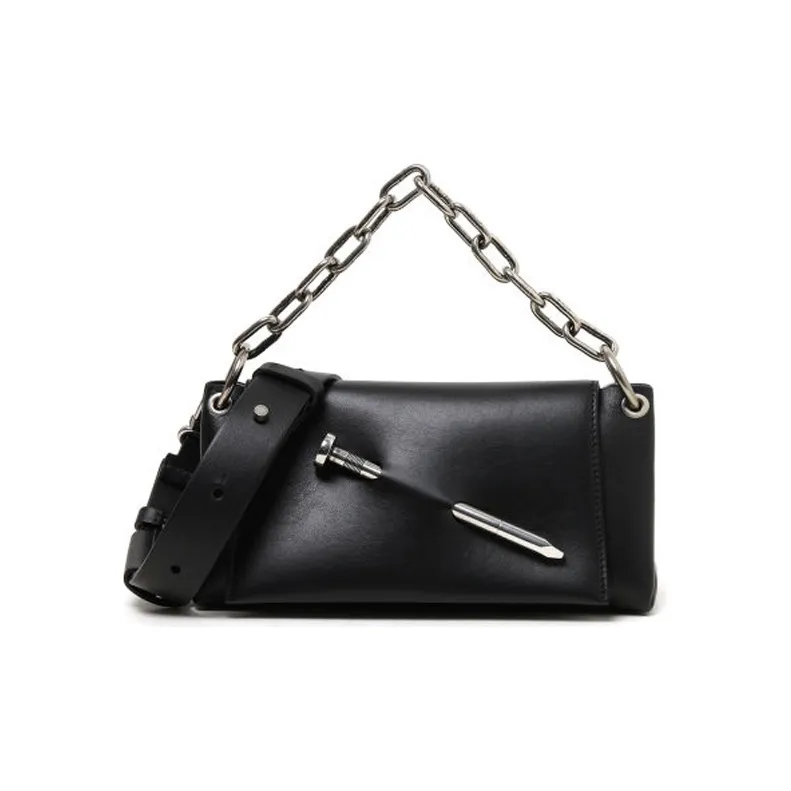 OFF-WHITE Leather Chain Bag One Shoulder Handbag Crossbody Bag Unisex Black-0