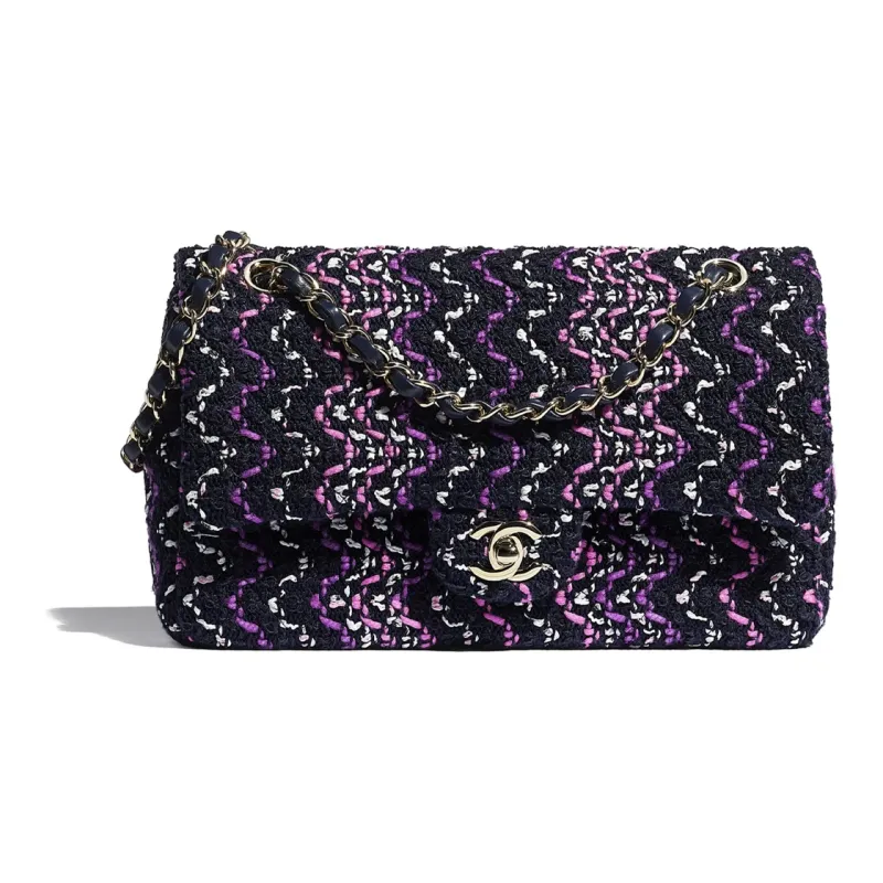 CHANEL Woven Cotton & Metal Flap Bag, Handle Chain, Shoulder Bag Women's Purple & Marine Blue & Pink-0