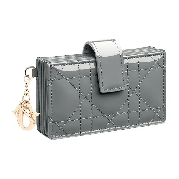 DIOR Lady Dior Cow Leather Wicker Pattern Coin Purse Card Clip Card Holder Women's Rock Gray-0