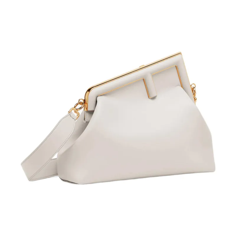 FENDI First Leather Clutch, Shoulder Bag, Crossbody Bag Medium Size Women's Light Gray White-1