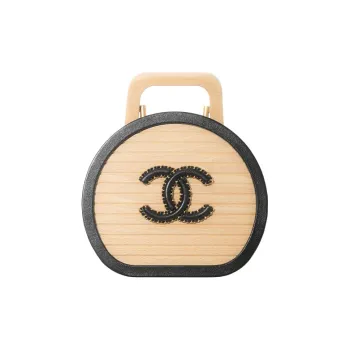 CHANEL With Sheepskin Coin Purse Wooden Box Storage Box Women's Black With Beige