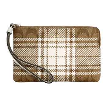 COACH Corner Zip Canvas With Leather Canvas Bag Wrist Bag Small Size Women's Khaki