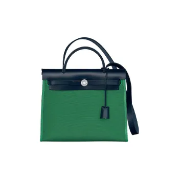 HERMES Herbag Zip Hunter Leather With Canvas Handbag Shoulder Bag Crossbody Bag Regular Women's Cactus Green/Indigo