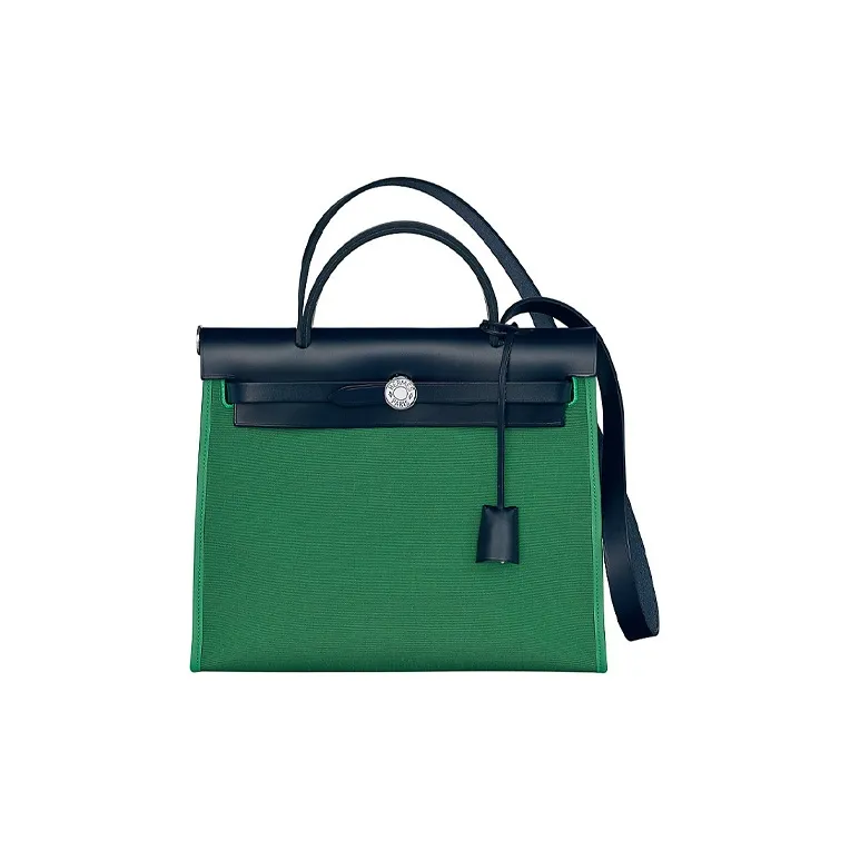 HERMES Herbag Zip Hunter Leather With Canvas Handbag Shoulder Bag Crossbody Bag Regular Women's Cactus Green/Indigo-0