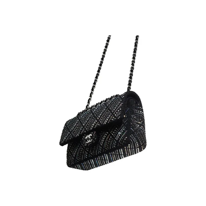 CHANEL Classic Flap CF Twill Soft Nappa With Crystal Shoulder Bag, Crossbody Bag Mini Women's Black-1