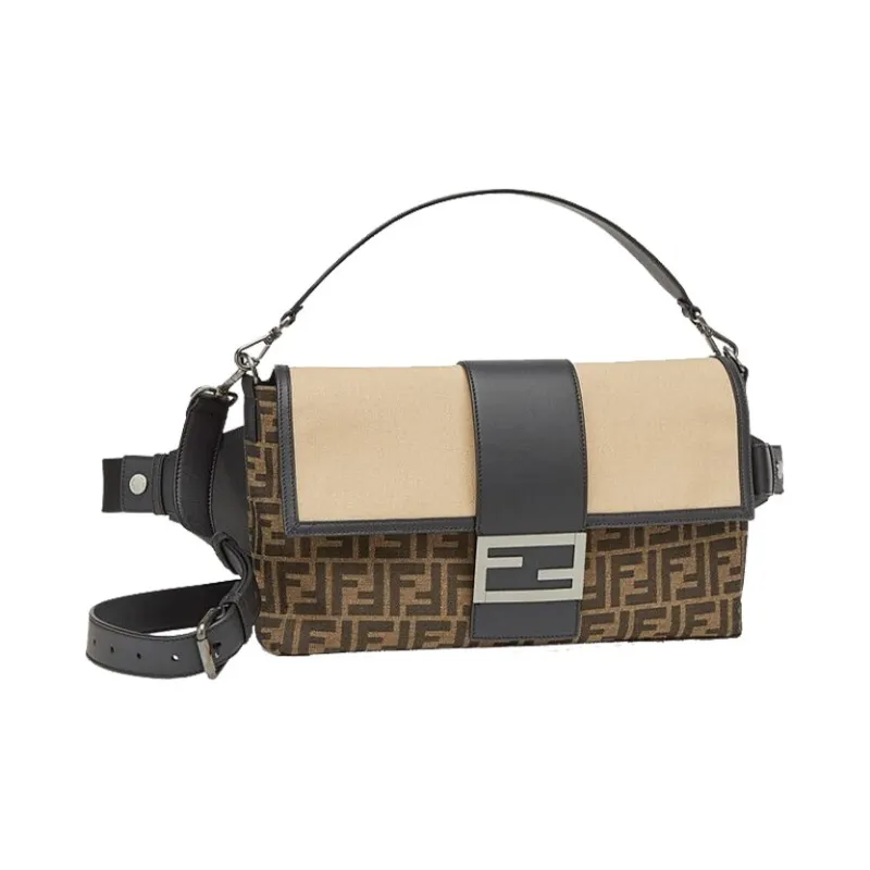 FENDI Baguette Canvas With Leather Baguette Bag One Shoulder Handbag Crossbody Bag Large Size Men's Brown/Beige-1