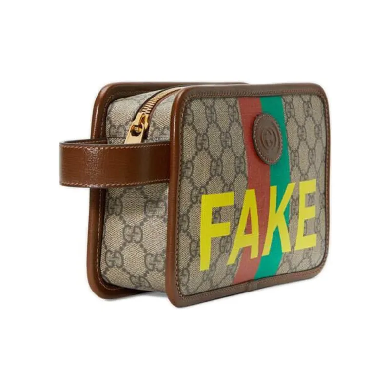 GUCCI Leather Badge Makeup Bag, Toiletry Bag, Clutch Unisex Ebony/Brown-1