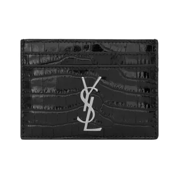 SAINT LAURENT CASSANDRE Crocodile Pattern Shiny Calfskin Card Holder Women's Black