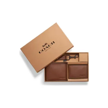 COACH Compact Leather Card Clip Wallets Men's Brown