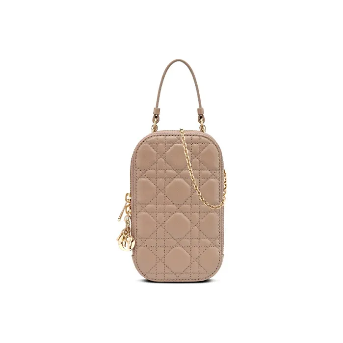 DIOR Lady Dior Lambskin One Shoulder Crossbody Cell Phone Pouch Women's Warm Taupe-0
