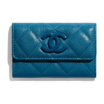CHANEL Caviar Cow Leather Card Holder Women's Marine Blue