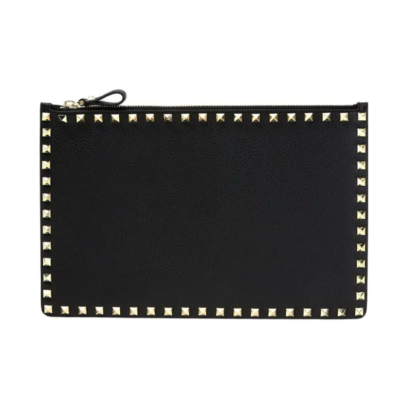 Valentino ROCKSTUD Rough Cow Leather Clutch Women's Classic Black-2