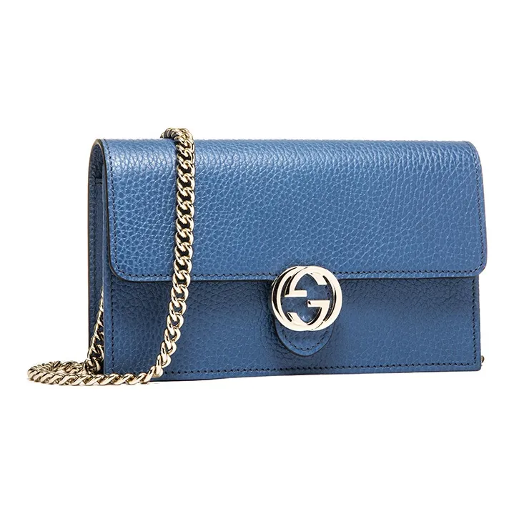 GUCCI Double G Leather WOC Chain Shoulder Messenger Bag Blue-3