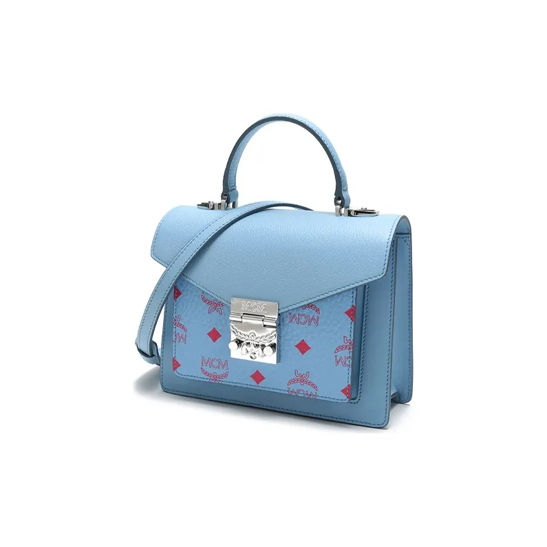 MCM Patricia Visetos Cow Leather With Coated Canvas Crossbody One Shoulder Handbags Regular Women's Light Blue-1