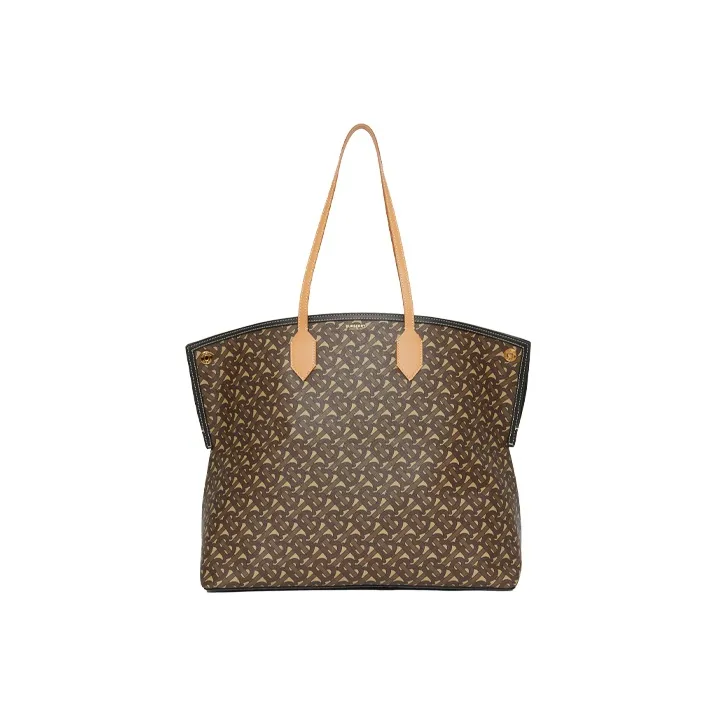 Burberry Cow Leather Tote Bag Shopping Bag Handbag Large Size Unisex Mule Brown-0