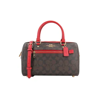 COACH Rowan Canvas With Leather Boston Bag, One Shoulder Handbag Tubas Women's Red Edge & Dark Brown Monogram