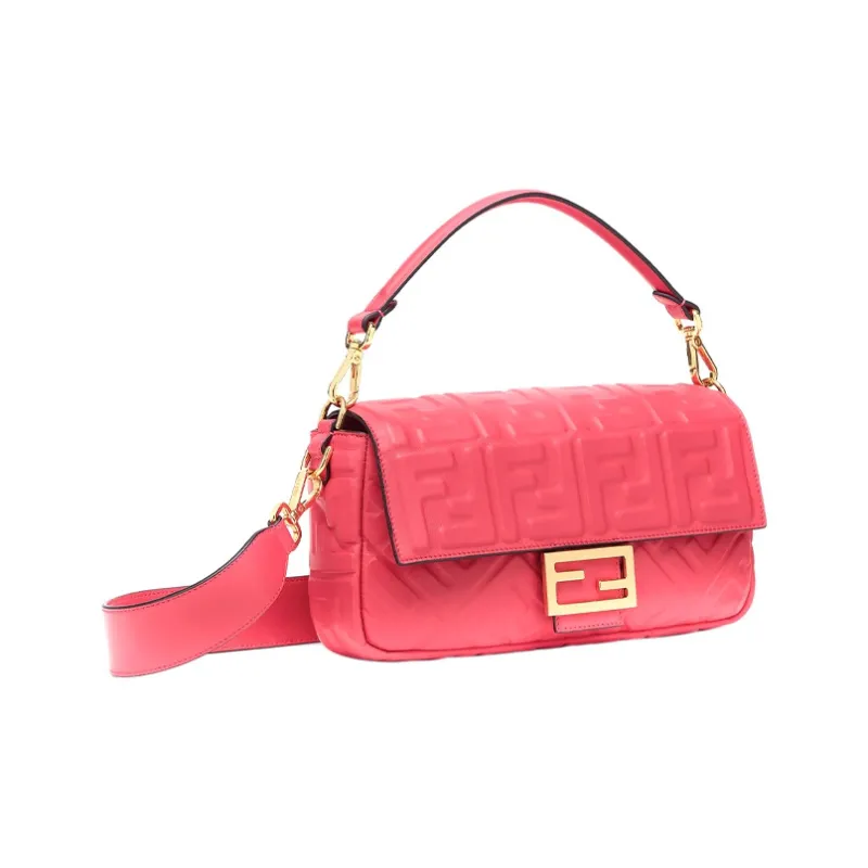 FENDI Baguette Nappa Leather Baguette Bag Portable Crossbody Bag Shoulder Bag Medium Size Women's Rose Red-1