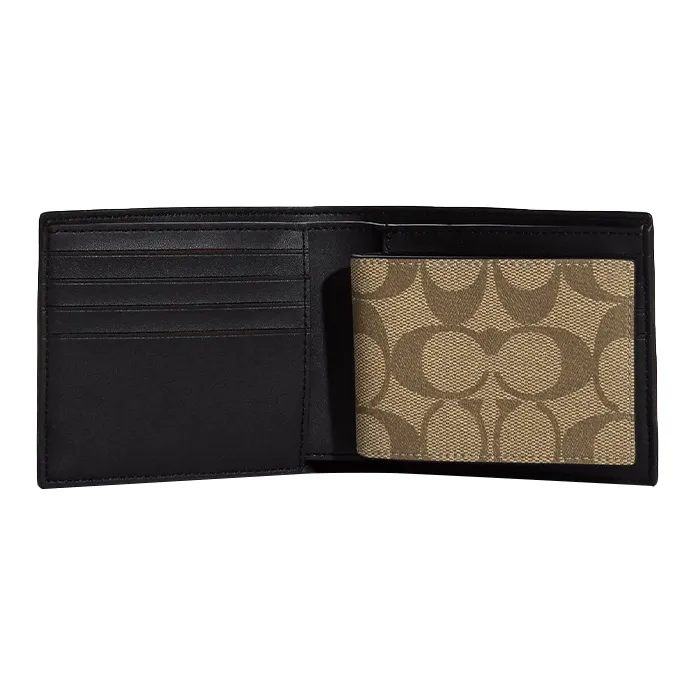 COACH 3 IN 1 Wallet Canvas With Leather Card Holder Wallet Unisex Dark Brown Khaki-1