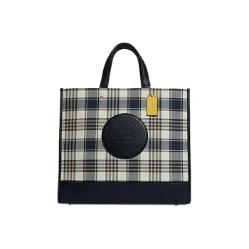 COACH Dempsey Fabric With Cow Leather Shoulder Bag, Crossbody Bag, Handbag Large Size Women's Black Beige Plaid