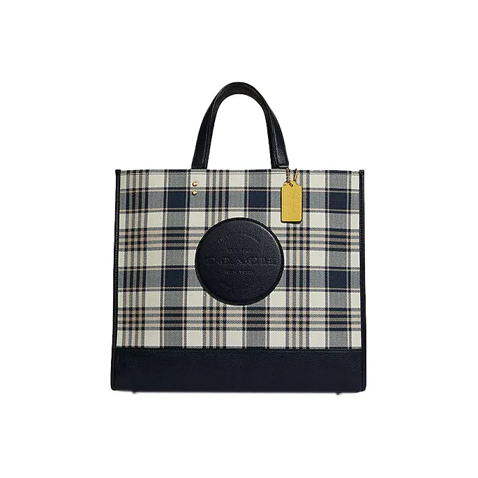 COACH Dempsey Fabric With Cow Leather Shoulder Bag, Crossbody Bag, Handbag Large Size Women's Black Beige Plaid-0