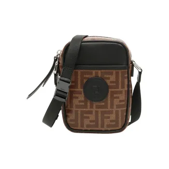 FENDI Coated Canvas With Leather Vertical Messenger Bag, Camera Bag, Crossbody Bag, Shoulder Bag Men's Brown & Black