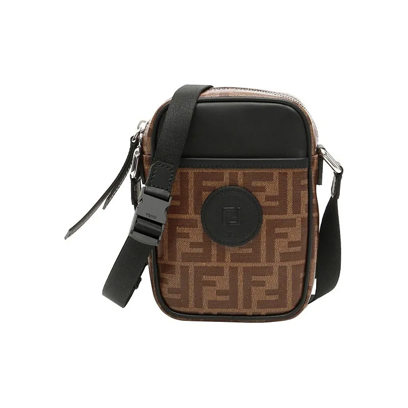 FENDI Coated Canvas With Leather Vertical Messenger Bag, Camera Bag, Crossbody Bag, Shoulder Bag Men's Brown & Black-0