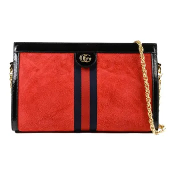 GUCCI Ophidia Suede Painted Leather Trim Shoulder Bag Crossbody Bag Medium Size Women's Red/Black