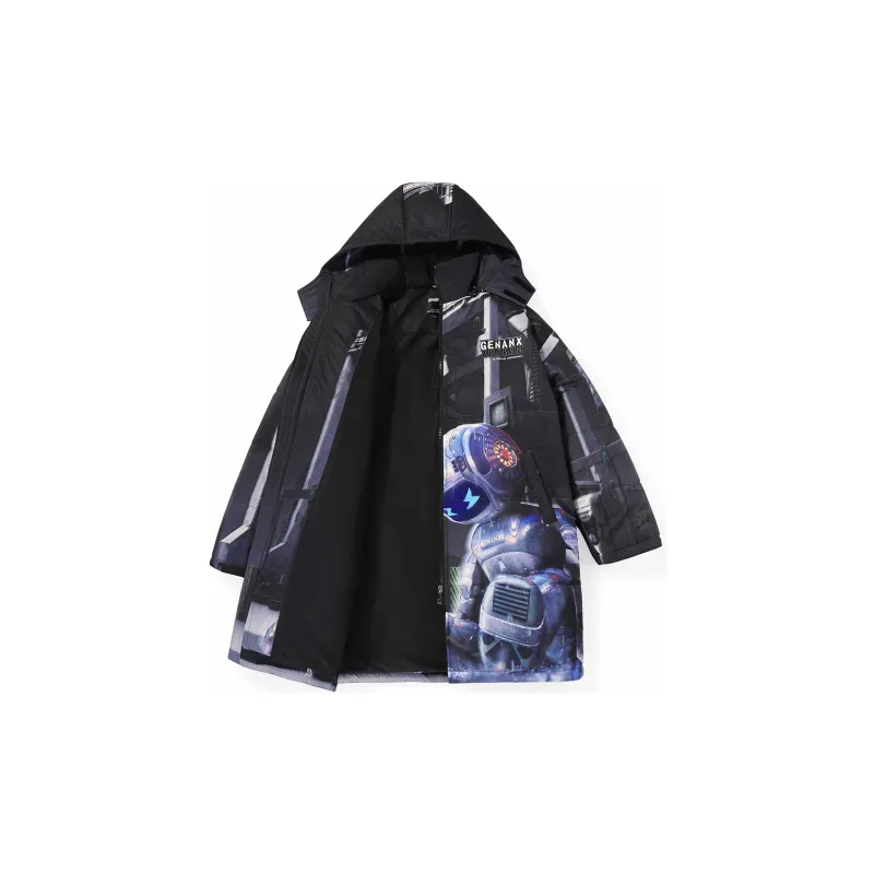 GENANX Cartoon Detachable Hood Loose Fit Mid Length Puffer Jacket Unisex Black Blue-1