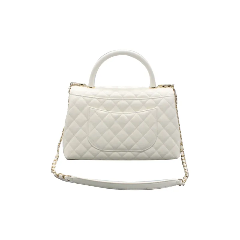 CHANEL Coco Handle Grain Embossed Calfskin Chain Bag, One Shoulder Handbag Women's White-3