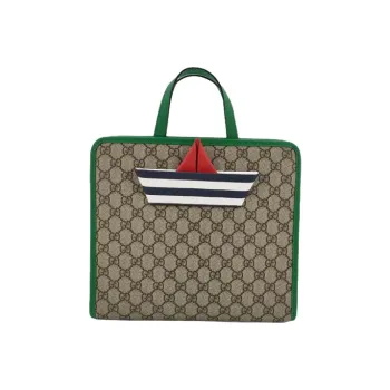 GUCCI Canvas With Leather Tote Bag Shopping Bag Handbag Kids' Ebony & Green & Multicolor