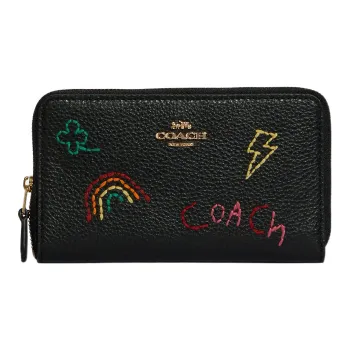 COACH Diary Embroidery Collaboration Pebbled Leather Card Holder, Wallet Women's Black