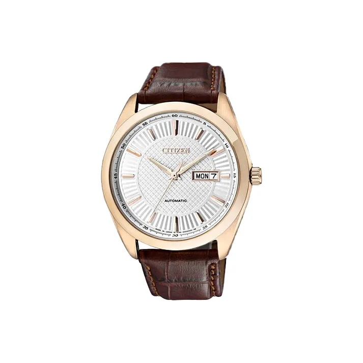 CITIZEN Mechanical Movement Genuine Leather Strap Watch Men's Watches White Dial-0