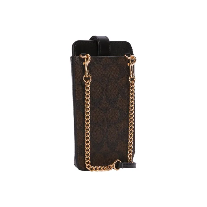 COACH Canvas With Leather One Shoulder Crossbody Cell Phone Pouch Women's Brown Black-2