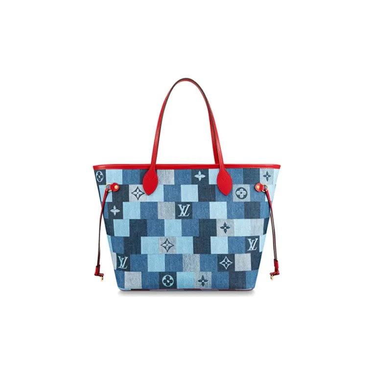 LOUIS VUITTON Neverfull Mm Denim Monogram Check Blue/Red-1