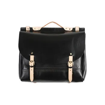 LINE ARTISANAL Vegetable Tanned Cow Leather Briefcase Satchel Bag Messenger Bag Portable Backpack Unisex Black