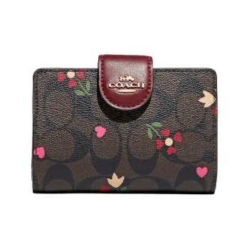 COACH Corner Zip Monogram Canvas With Leather Snap Closure Wallet Women's Burgundy Multicolor