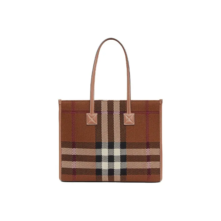 Burberry Freya Calfskin Patchwork Fabric Tote Bag Shopping Bag Shoulder Bag Handbag Small Size Women's Birch Brown-3