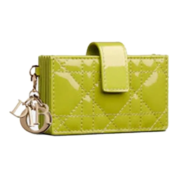 DIOR Lady Dior Patent Leather Cowhide Card Holder Coin Purse Women's Green Yellow-2