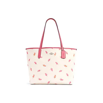 COACH City Canvas With Leather Tote Bag Shopping Bag Handbag Shoulder Bag Women's White & Cherry Blossom Pink