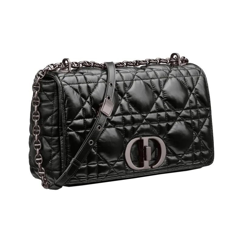 DIOR Caro Cow Leather Shoulder Bag Crossbody Bag Large Size Women's Black Silver-1