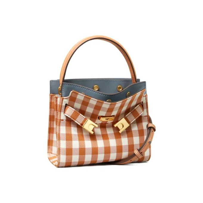TORY BURCH Lee Radziwill Leather Shoulder Bag, Crossbody Bag, Handbag Trumpets Women's Orange White Plaid-3
