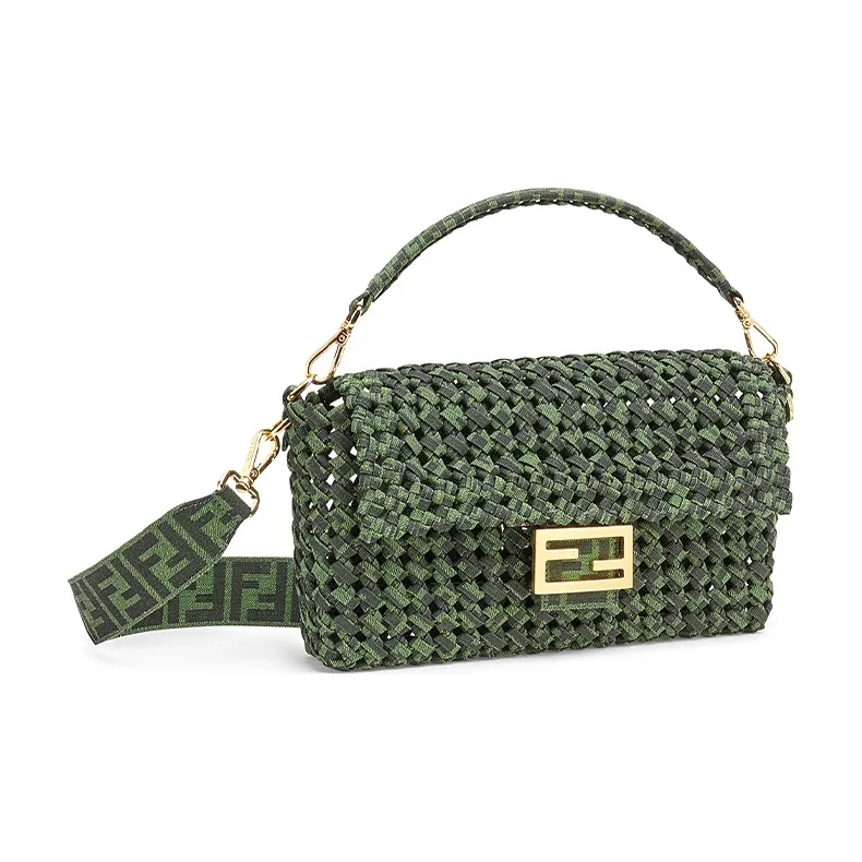 FENDI Baguette Canvas Shoulder Crossbody Handbag Medium Size Women's Green-1