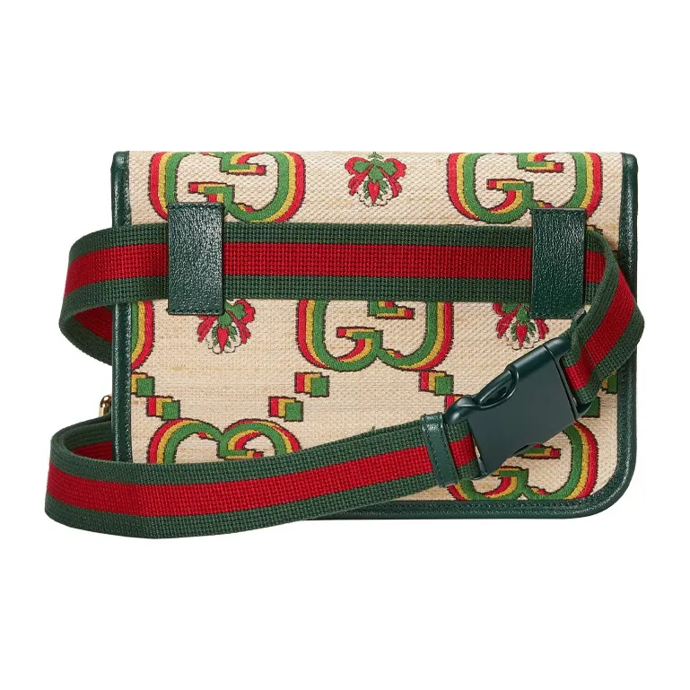 GUCCI Jacquard Fabric Shoulder Bag, Crossbody Bag, Sling Bag, Fanny Pack Unisex Beige/Green-6
