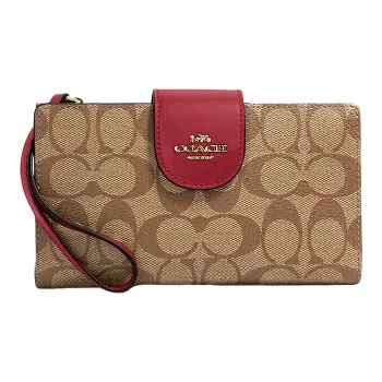COACH Tech Wallet Canvas Leather Clutch Wallet Women's Khaki & Cherry Pink